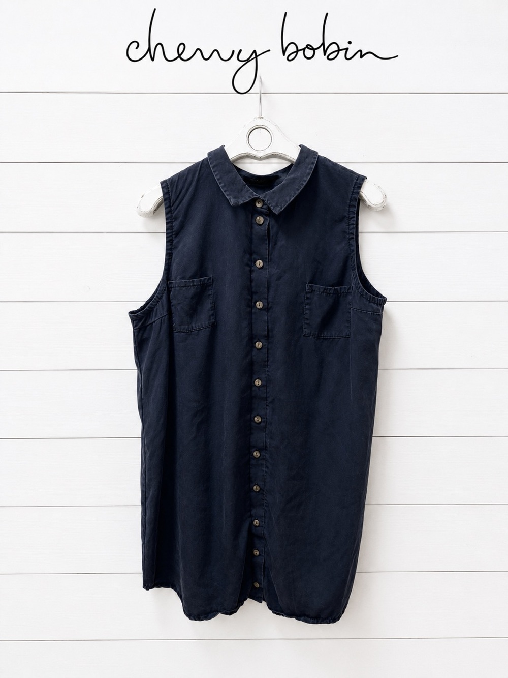 Cherry Bobin Navy Blue Sleeveless Tencel Shirt Dress – Size 2XL